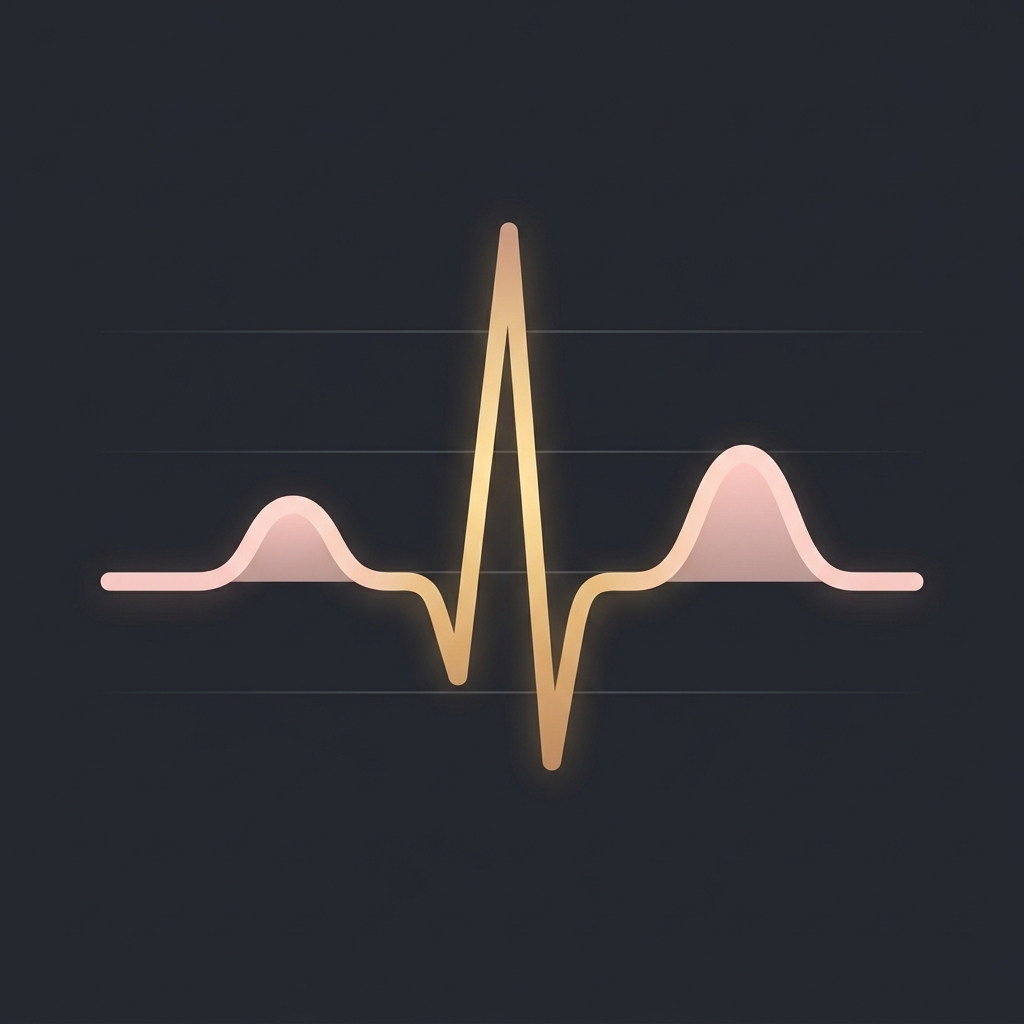 Schematische weergave van een fysiologisch ECG-complex. De P-golf (atriumdepolarisatie), het QRS-complex (ventrikeldepolarisatie) en de T-golf (ventrikelrepolarisatie) vormen de basis voor ritmebeoordeling.